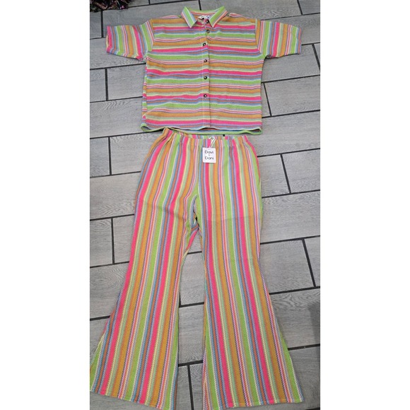 DAVI & DANI Pants - Davi & Dani Multi Color Striped Knit 2 Piece Set Button Down Flare Pants L